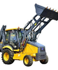 Beefy 4WD Backhoe Loader With 2.8 Meter Digging Depth, Digger Machine with raised bucket and multi attachments, side view