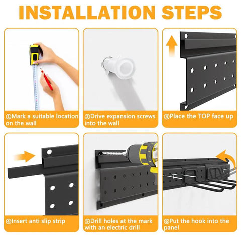 Installation steps for Garage Tool Storage Organizer Wall Mount Kit With Beefed Up 48 Inch Track System And 16 Hooks
