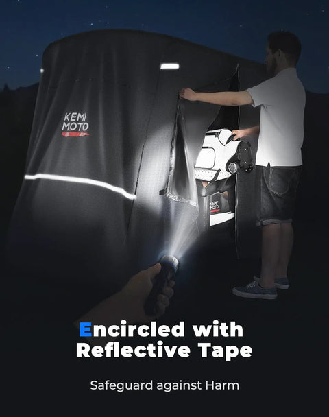Person using flashlight near 600D Waterproof Golf Cart Cover Heavy Duty Universal Fit For 6 Seater Carts at night.