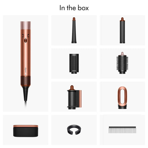 Airwrap I.D. Multi Styler 6-In-1 Hair Tool With App Control and attachments including brushes and comb.