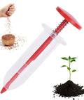 Handheld Seed Spreader And Manual Planter Tool With Ergonomic Grip For Lawn Backyard Garden Park And Outdoor Use Precise Planting Depth And Easy Spacing Reusable Dibber Style Seeder For Vegetables And Flowers with red handle and transparent body