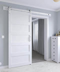 36 By 84 Inch White Sliding Barn Door With 6.6 Foot Brushed Nickel Hardware Kit And Handle, installed in modern interior