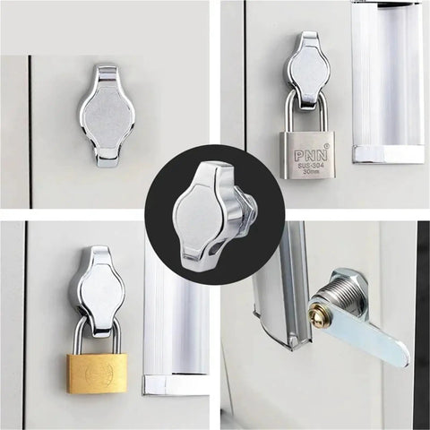 Keyless Cam Lock Handle For Drawers And Cabinets With Hook, Zinc Alloy Locker Lock shown on cabinet doors, DIY Rarelock MMS485 I