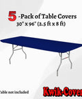 Image of 8 Foot Navy Blue Elastic Fitted Plastic Table Covers 5 Pack For Banquet Tables 30 By 96 Inches Edge To Edge Coverage