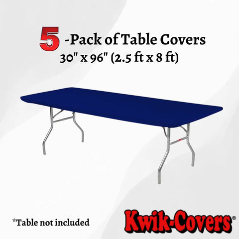 Image of 8 Foot Navy Blue Elastic Fitted Plastic Table Covers 5 Pack For Banquet Tables 30 By 96 Inches Edge To Edge Coverage