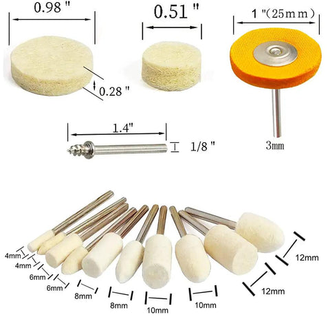78 Piece Polishing Buffing Wheel Kit for Rotary Tools With Assorted Sizes And Shapes Felt Wool Cotton Pads One Eighth Inch Shank
