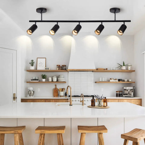 5 Light LED Track Lighting Kit In Black With Flexible Rotatable Heads in modern kitchen setting