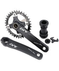32T Aluminum MTB Crankset 170mm With 104 BCD Narrow Wide Chainring Bolts Included 74mm Mounting Hole Spacing CNC Round Chainring For Single Speed Mountain Bike Dope Upgrade. Image shows black crank arms and chainring with included bolts.