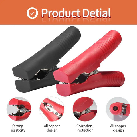Close-up of red and black alligator clips for 10 AWG 20 Ft Alligator Clip To SAE Connector Cable With 20A Fuse Quick Release Adapter