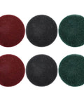 6 pack industrial scrubbing discs in green, red, and grey for 5 inch nylon scouring pads set for drill powered buffers and polishers.