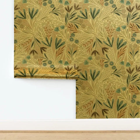 Beige Floral Wallpaper With Luxurious Gold Metallic Finish For Major Interior Glow Up showing textured floral design on wall.