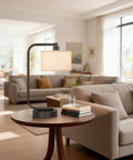 Bedside Table Lamp With USB Port, Modern Dark Bronze Desk Lamp with linen shade on a living room side table