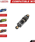 1/12 Scale Losi RC On Road Shock Absorber Set Front And Rear Upgrades With Threaded Collars And Springs Beefed Up Alloy 7075 Aluminum And Titanium Dampers For Easy Ride Height Tuning shown with compatible 1/12 NASCAR models