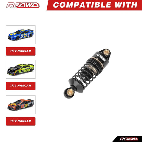 1/12 Scale Losi RC On Road Shock Absorber Set Front And Rear Upgrades With Threaded Collars And Springs Beefed Up Alloy 7075 Aluminum And Titanium Dampers For Easy Ride Height Tuning shown with compatible 1/12 NASCAR models