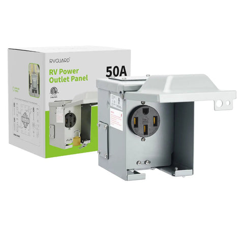 50 Amp 125/250V Outdoor RV And EV Power Outlet Box Enclosed Lockable Weatherproof NEMA 14 50R Receptacle Panel ETL Listed For Campers Trailers And Welders, showing metal box and packaging