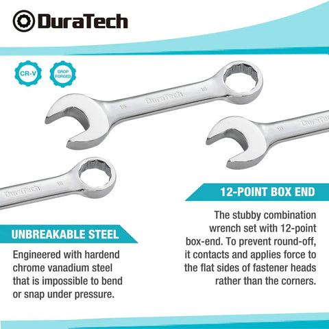 Stubby Metric Combination Wrench Set 12 Piece 8 To 19 mm Chrome Vanadium Hand Tools For Tight Spots Rust Resistant Chrome Finish Short Beam For Accessing Hard To Reach Fasteners, 12-point box end