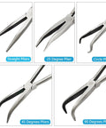 Five Piece 11 Inch Precision Long Nose Pliers Set With Insulated Comfort Grips For DIY Projects Straight 25 45 90 Degree Curved And Circular Tips For Wire Shaping And Trimming Durable Carbon Steel