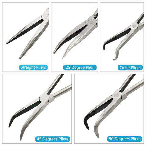 Five Piece 11 Inch Precision Long Nose Pliers Set With Insulated Comfort Grips For DIY Projects Straight 25 45 90 Degree Curved And Circular Tips For Wire Shaping And Trimming Durable Carbon Steel