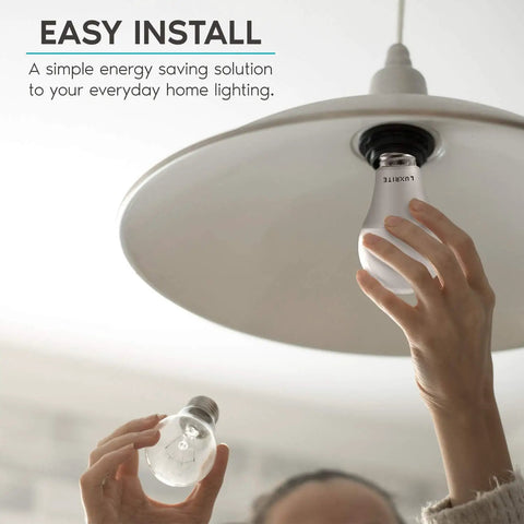 Person installing A19 LED Bulbs 100 Watt Equivalent Dimmable 1600 Lumens 3000K Soft White Enclosed Fixture Rated E26 Base