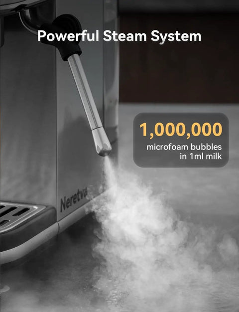 Steam wand of 20 Bar Stainless Steel Espresso Machine With LED Display And 1350W Boiler For Home Barista Vibes Compact Yet Powerful Espresso Maker