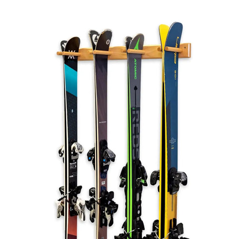 Timber Ski Wall Rack Four Pairs Vertical Ski Storage in Natural Wood for Home or Garage Mount System, holding skis securely
