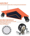 Heavy Duty Furniture Dolly Set Of 4 with wheels and floor safe rubber pads, orange dolly platform with black felt pad