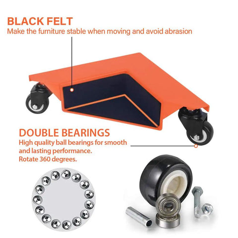 Heavy Duty Furniture Dolly Set Of 4 with wheels and floor safe rubber pads, orange dolly platform with black felt pad
