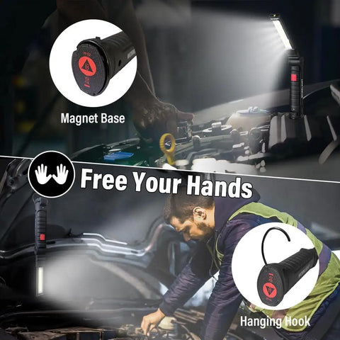 Must-Have Rechargeable LED Work Light For Mechanics With Magnetic Base And Hook, 360° Rotating Head, 5 Modes shown in use on car engine
