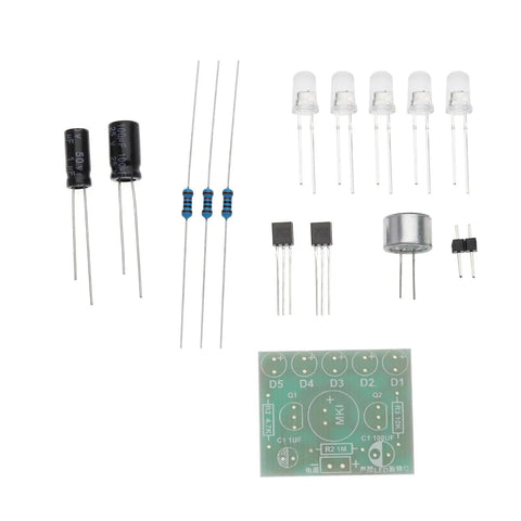 Sound Activated LED Melody Light Kit for Hands On Soldering Practice featuring components like capacitors, resistors, and PCB.