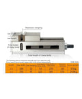 Built Tough Heavy Duty Cnc Milling Vise With Adjustable Angle Lock And Knockout Grip Clamping Force Premium Workshop Bench Vice, detailed dimensions and clamp measurements.