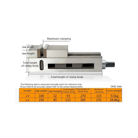 Built Tough Heavy Duty Cnc Milling Vise With Adjustable Angle Lock And Knockout Grip Clamping Force Premium Workshop Bench Vice, detailed dimensions and clamp measurements.