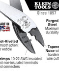Close-up of Klein Tools crimper pliers features in Pro Grade 28 Piece Hand Tool Kit With Pliers Screwdrivers Nut Drivers Hex Keys Level Crimper Wire Stripper Wire Cutter NCVT Flashlight GFCI Tester And Backpack For Jobsite Ready Pros And DIYers.