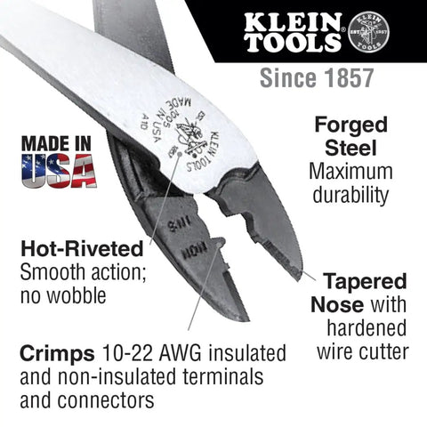 Close-up of Klein Tools crimper pliers features in Pro Grade 28 Piece Hand Tool Kit With Pliers Screwdrivers Nut Drivers Hex Keys Level Crimper Wire Stripper Wire Cutter NCVT Flashlight GFCI Tester And Backpack For Jobsite Ready Pros And DIYers.