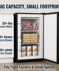 Spare Your Square Footage 3.2 Cubic Foot Upright Freezer In Classic Silver showing interior layout with frozen meats, pizza boxes, and ice cream.