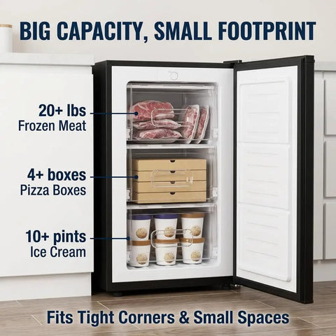 Spare Your Square Footage 3.2 Cubic Foot Upright Freezer In Classic Silver showing interior layout with frozen meats, pizza boxes, and ice cream.