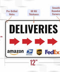 Solid As A Rock Aluminum Deliveries Sign With Right Arrow, 12 By 8 Inches, featuring delivery logos and directional arrows.