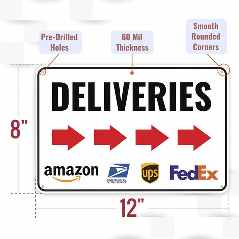 Solid As A Rock Aluminum Deliveries Sign With Right Arrow, 12 By 8 Inches, featuring delivery logos and directional arrows.