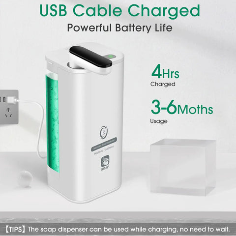 Touchless Rechargeable Soap Dispenser For Kitchen Sink And Bathroom, USB charging, white, 500ml, on countertop