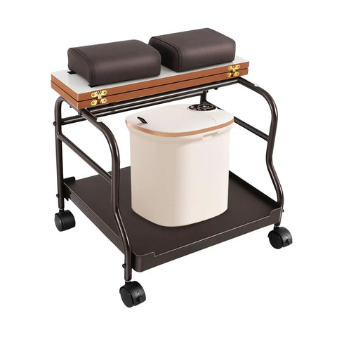 Top Shelf Foldable Two Tier Foot Bath Trolley With Smooth Swivel Casters And Integrated Manicure Station, coffee wood top and white bin.