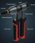 Rivet Nut Tool Kit With Ratcheting Mechanism And Quick Change Mandrels For Fast Installations includes labeled components.