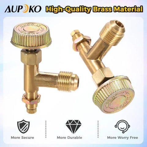 Close-up of Brass Propane Gas Control Valve with 3/8 Inch Male Flare Thread and M10x1 Metric Thread for outdoor grills.