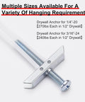 Ten Pack Heavy Duty Drywall Anchor Bolts With 1/4-20 Thread For Solid Mounts, Rust Resistant Hollow Wall Anchors, Quick Install And High Load Handling Up To 270 Lbs In Drywall And Plaster Surfaces, 1/4-20 zinc anchor shown