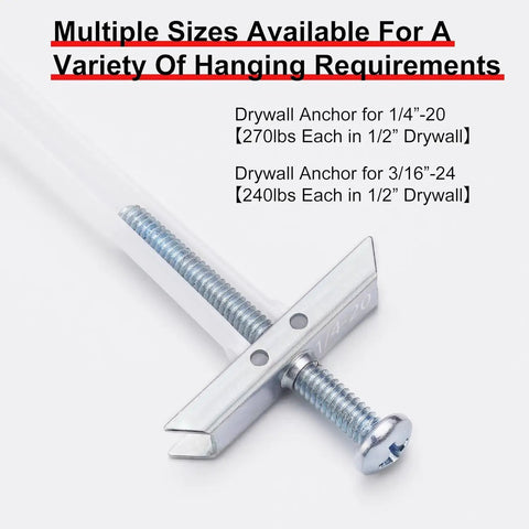 Ten Pack Heavy Duty Drywall Anchor Bolts With 1/4-20 Thread For Solid Mounts, Rust Resistant Hollow Wall Anchors, Quick Install And High Load Handling Up To 270 Lbs In Drywall And Plaster Surfaces, 1/4-20 zinc anchor shown