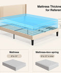 Prime Queen Bed Frame With Plush Wingback Headboard And Heavy Duty Steel Base for mattress thickness reference, 8 to 12 inches.