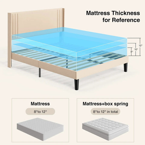 Prime Queen Bed Frame With Plush Wingback Headboard And Heavy Duty Steel Base for mattress thickness reference, 8 to 12 inches.