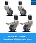 Set of four 3-inch caster wheels with metal frames and purple wheels for stainless steel work tables.