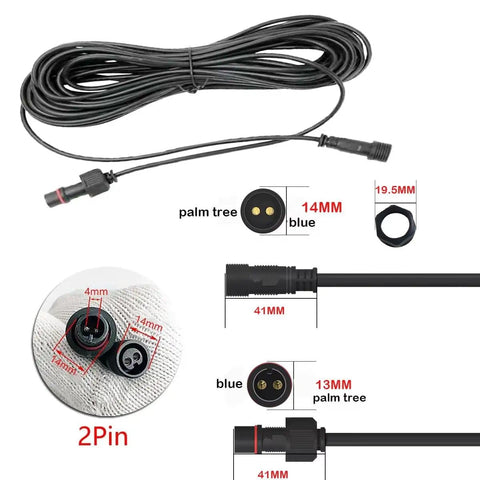 2 Pin Outdoor Solar String Lights Extension Cable, 16 Ft Waterproof Extension Cord details and measurements shown