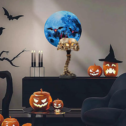 Light Up Skeleton Table Lamp With Four Bone Skull Design, LED 3D Skeleton Night Light in a Halloween-themed room.