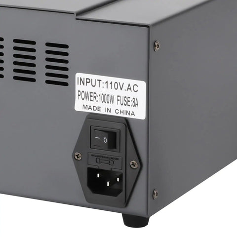 Back view of 1000W Hot Air Rework Station With Digital Display showing power input and fuse details.