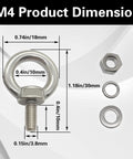 Heavy Duty Stainless Steel M4 Eye Bolts With Nuts And Washers For Rock Solid Hauling Rigging And Secure Load Attachment Tough As Nails Pack Of 12 Pro Hardware dimensions with measurements.